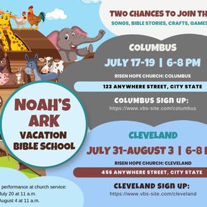 May include: A colorful graphic promoting a Vacation Bible School event, featuring an illustration of Noah's Ark with various animals. Text includes event details for Columbus and Cleveland, with dates, times, and sign-up URLs.