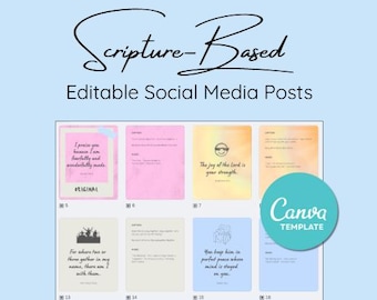 May include: A light blue graphic with the text "Scripture-Based Editable Social Media Posts." The image features several square social media post templates with inspirational quotes and the Canva Template logo.