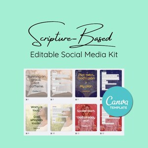 以下が含まれることがあります： 明るい緑色の背景に、「Scripture-Based Editable Social Media Kit」のグラフィックが表示されています。このキットには、インスピレーションを与える引用句とCanva Templateのロゴが入ったテンプレートが含まれています。「Running on grace, not caffeine」などの引用句があります。