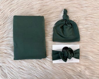 Baby swaddle in "Carter" Hunter Green top knot hat, baby photo prop, hospital set, baby boy gift, stretchy swaddle,