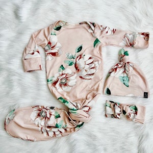 Floral Baby Gown with Hat: Light Blush Knotted Take Home Outfit