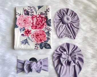 Baby swaddle set in "Clara” Pink and Purple Floral, Dusty Lilac Turban, photo prop, hospital set, baby gift, hospital swaddle, baby wrap