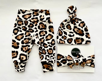 Conjunto de leopardo para bebé: leggings, gorro y diadema