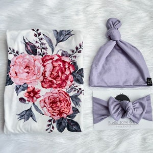 Baby swaddle set, “Clara” Pink and Purple Floral, Dusty Lilac Hat, baby headband, baby blanket , hospital set, baby gift, stretchy swaddle,