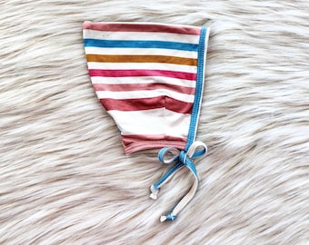 Rainbow Stripe Baby Bonnet: Lightweight Pixie Hat (0-6 Months)