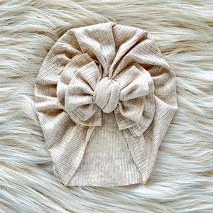 Baby Turban Modern Bow Hat in Oatmeal Ribbed, Turban Bow Hat, Turban Top Knot Hat, Baby Hat, Baby Turban, Messy Bow Turban