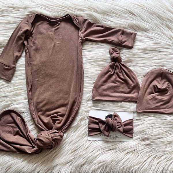 Baby knotted gown in Asher Espresso Brown, gender neutral gown, Knot Bottom  Baby Gown, take home outfit, baby gift, unisex baby clothes