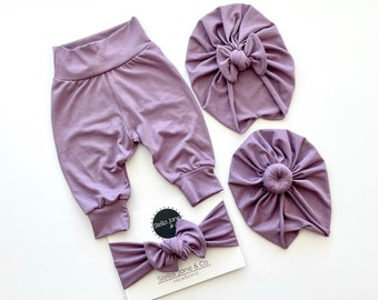 Baby leggings, leggings in Eden Dusty Lavender,  Purple Baby turban, Baby pants, Girl Leggings, Baby Gift, Take Home Outfit, Baby play set