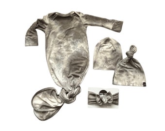 Baby knotted gown in Beau Gray Marble , gender neutral gown, Knot Bottom  Baby Gown, take home outfit, baby gift, unisex baby gown, tie dye
