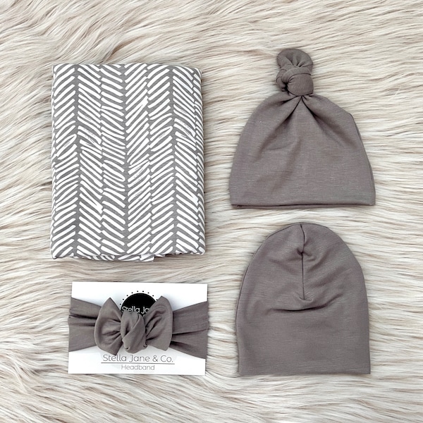 Baby swaddle set, “August” Gray and White Swaddle, Taupe Gray knot hat, hospital swaddle, neutral  gift, baby gift, gender neutral swaddle