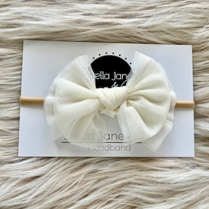 Baby Nylon Headband, Ivory Tulle Modern Bow,  nylon band,  jersey bow,  small bow headband, Newborn Headband, Baby headbands