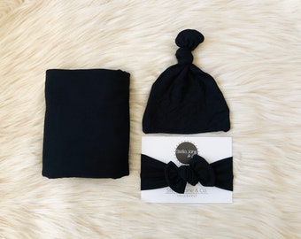 Baby swaddle in "Parker” Black top knot hat, baby photo prop, hospital set, baby boy gift, stretchy swaddle,