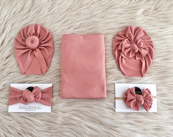 Rose Blush Ribbed Baby Swaddle Set: Turban & Headband