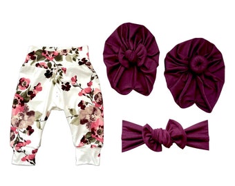 Floral Baby Leggings with Wine Turban or Headband: Soft Take Home Outfit