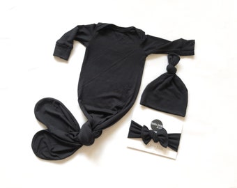 Black Knotted Baby Gown, Unisex Take Home Outfit