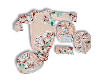 Light Blush Floral Baby Knotted Gown with Turban
