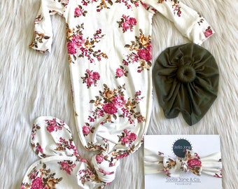 Floral Baby Gown Set: Pink & Yellow Knotted Gown, Olive Turban