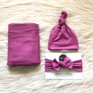 Baby swaddle set in "Piper” Bright Orchid with hat,and headband, baby headband, baby photo prop, hospital set, baby gift, stretchy swaddle