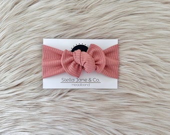 Adjustable Baby Headband: Rose Blush Ribbed Jersey Knit Knot Bow