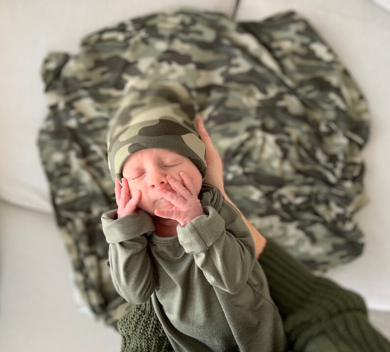 baby knotted gown,baby gift gender neutral baby clothes Baby knotted gown \u201cCole Light Olive Green with Camo Hat camo slouchy