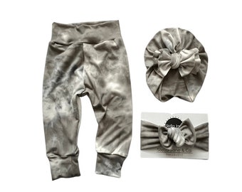 Baby leggings, “Beau” Gray Marble baby Pant, Gray Tie Dye Pants, Tie Dye Modern Bow turban, Baby pants, Baby Gift, Take Home Outfit,