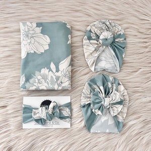 Inbakerdoek in "Eloise" lichtblauw bloemen met bijpassende bloementulband, babyfotorekwisiet, striktulband, knottulband, ziekenhuisset, cadeau,