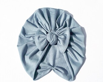 Baby Turban Bow Hat in Henry Dusty Blue , Turban Bow Hat, Turban Top Knot Hat, Baby Hat, Baby Turban, Bow Turban, light blue Turban