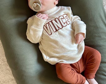 Embroidered Baby shirt, Personalized Baby name shirt, “Crew” Cinnamon pant, Baby Pant set, Baby Gift, Baby slouchy ,Gender Neutral