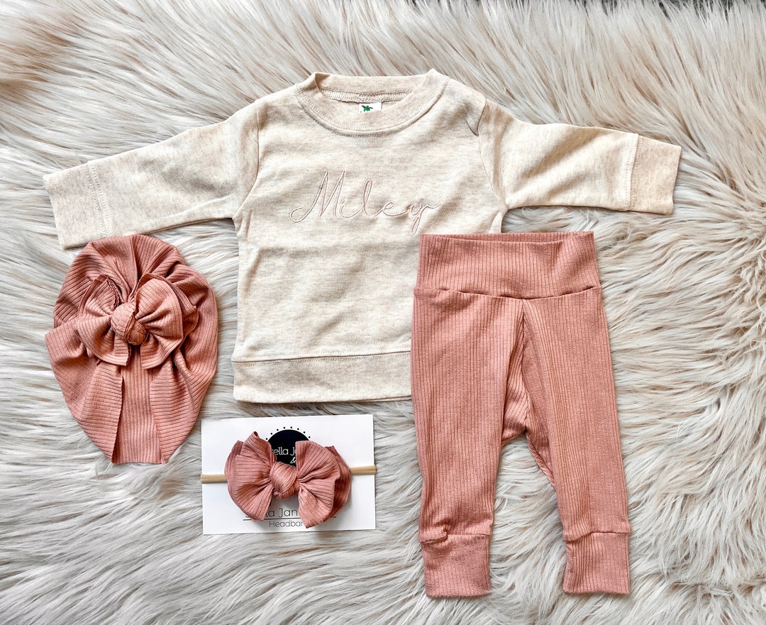 Personalized Baby Embroidered Shirt, Baby Name Shirt, Blush Ribbed Pant, Blush Pant Set, Baby