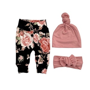 Baby legging, Baby Pant, “Rosie” Black and Blush Floral, Dusty Rose baby Hat, Baby Headband, Baby girl set, Take Home Outfit, Baby legging