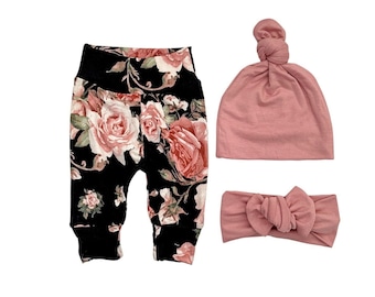 Baby legging, Baby Pant, “Rosie” Black and Blush Floral, Dusty Rose baby Hat, Baby Headband, Baby girl set, Take Home Outfit, Baby legging