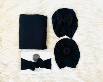 Baby swaddle set in "Parker” Black with matching Turban,  headband, baby photo prop, hospital set, baby gift,