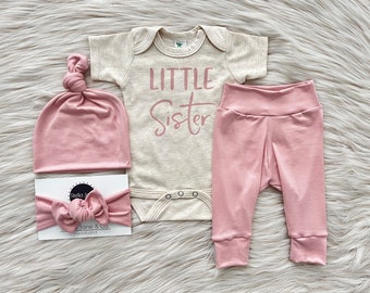 Blush Pink Baby Legging Set: Little Sister Shirt, Slouchy Hat