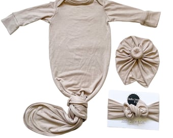 Baby knotted gown, Jett Sand Beige knotted gown, Brown Turban,  Baby Gown, take home outfit, baby gift, baby turban, tan baby clothes