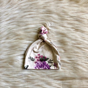 Baby Top Knot Hat in “Lucy” Purple and Mauve Floral Top knot hat, baby girl gift, newborn hats, baby beanie ,baby Hospital Hat