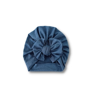 Baby Turban Modern Bow Hat in Jude Dusty Denim, Turban Bow Hat, Turban Top Knot Hat, baby beanie, Baby Hat, Baby Turban, Messy Bow Turban