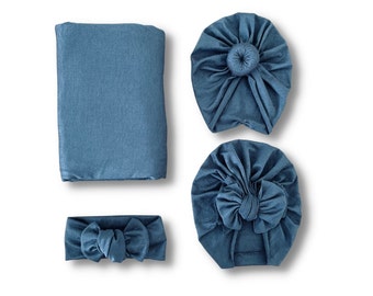 Baby swaddle set in "Jude” Dusty Denim Blue with Blue Turban, baby photo prop, Messy Bow turban, Bun turban, hospital set, baby gift,