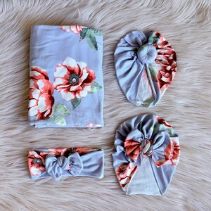 Conjunto de fraldas para bebê em "Lola" Floral Azul e Rosa com Turbante Floral, acessório para foto de bebê, turbante de laço, turbante de coque, conjunto de hospital, presente,