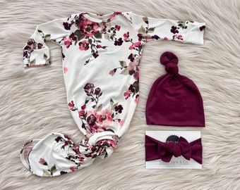 Floral Knotted Baby Gown: Wine Headband, Take Home Outfit