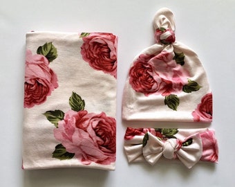 Baby Swaddle Set bridgette Pale Blush and Pink Floral Luxury