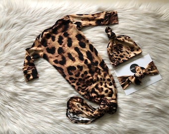 Leopard Print Baby Gown Set: Knotted Newborn Outfit with Hat & Headband