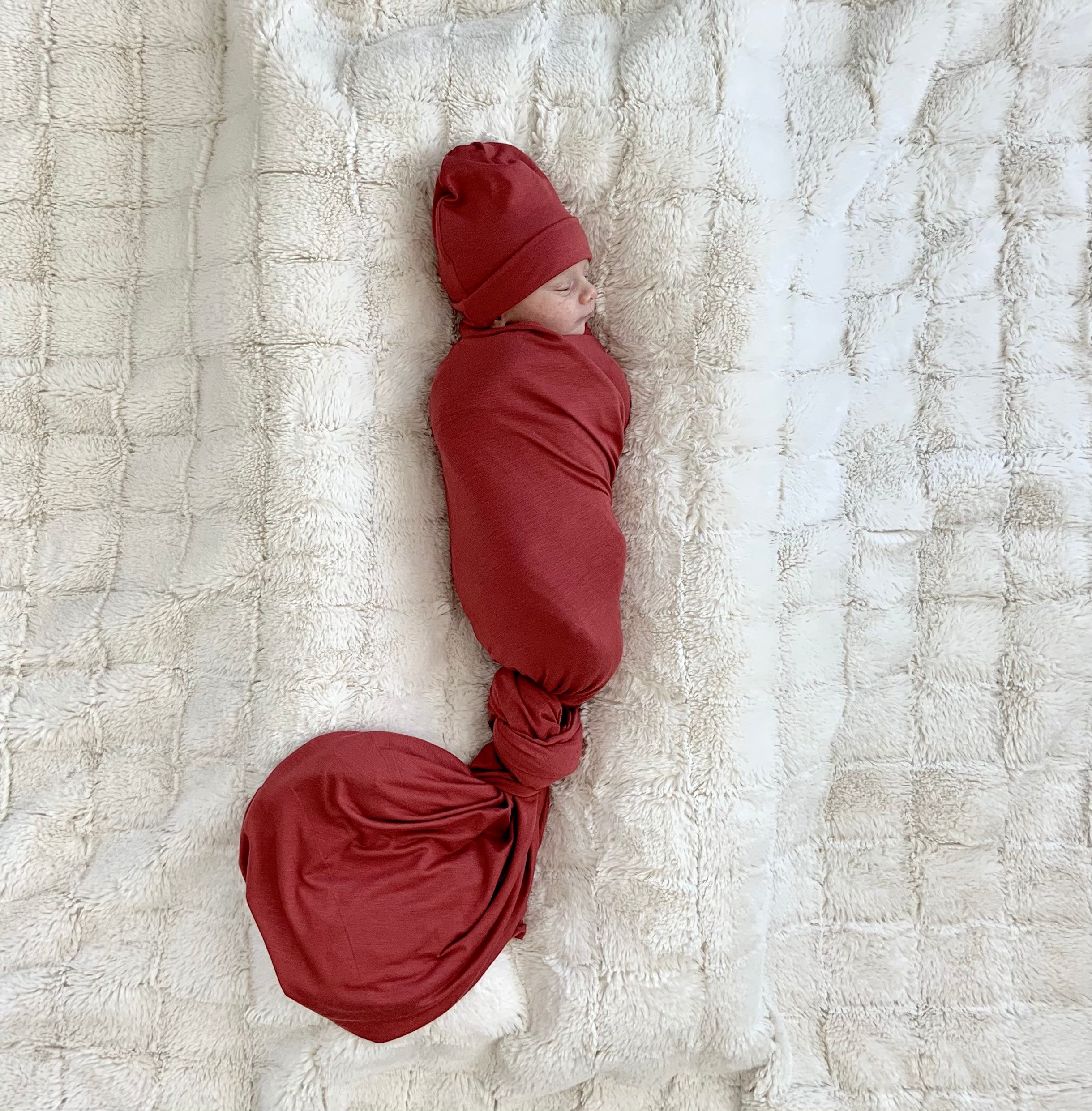 Baby swaddle blanket in Zane Dusty Red top knot hat Etsy