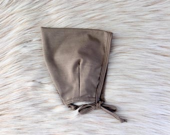 Light Mushroom Brown Baby Bonnet: Stretchy Knit Pixie Hat