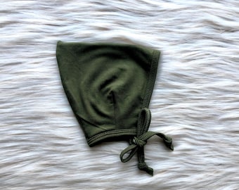 Olive Green Baby Pixie Bonnet, Stretchy Knit Hat