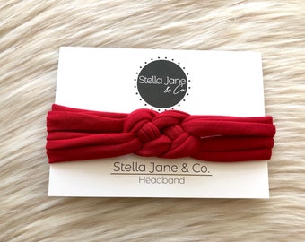 Baby Sailor knot headband in Lipstick Red, jersey knit headband, infant headband, baby girl gift, knot headwrap, Mauve knot Headband