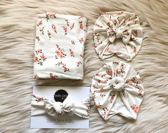 Floral Baby Swaddle Set: Coral Camila Blanket, Turban, Headband