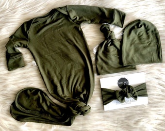 Baby knotted gown in "Jayden” Olive Green, gender neutral gown, Knot Bottom  Baby Gown, take home outfit, baby gift, unisex baby clothes