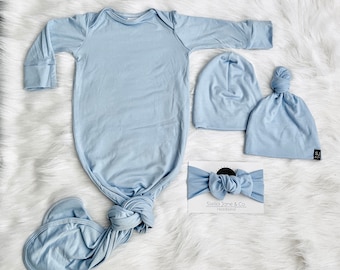 Baby knotted gown, “James” Powder Blue, gender neutral gown, Knot Bottom  Baby Gown, take home outfit, baby boy gift, unisex baby clothes