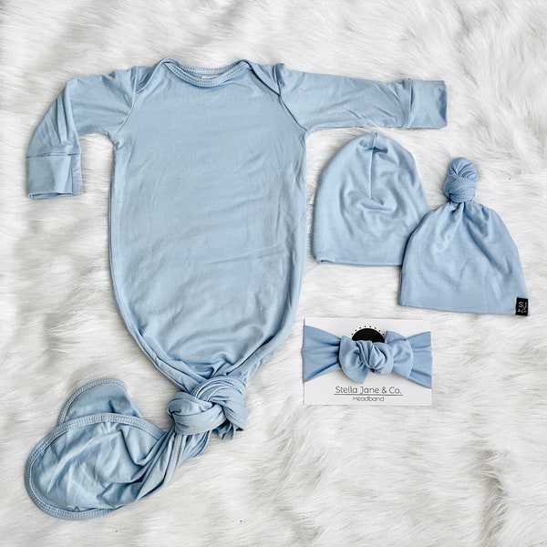 Baby knotted gown, “James” Powder Blue, gender neutral gown, Knot Bottom  Baby Gown, take home outfit, baby boy gift, unisex baby clothes