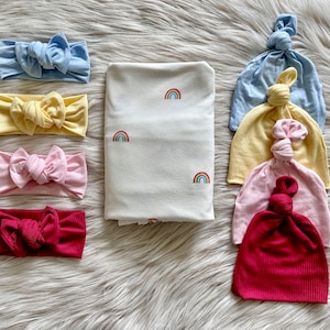 Baby swaddle blanket, “Taylor” Rainbow Swaddle, Rainbow baby gift, knot hat, headband, swaddle set, hospital set, baby gift, neutral swaddle